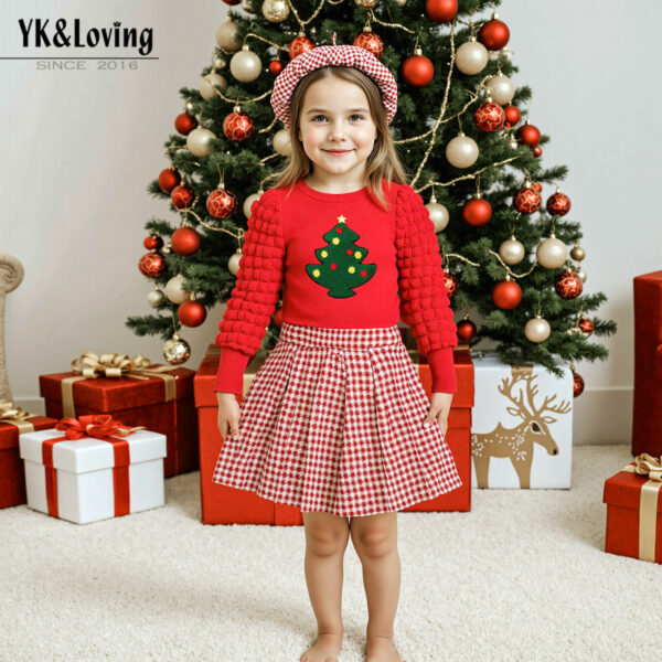 2025 Christmas Autumn and Winter Girl's Set Fashion Bubble Long Sleeve T-Shirt Pleated Skirt Hat 3-Piece Set